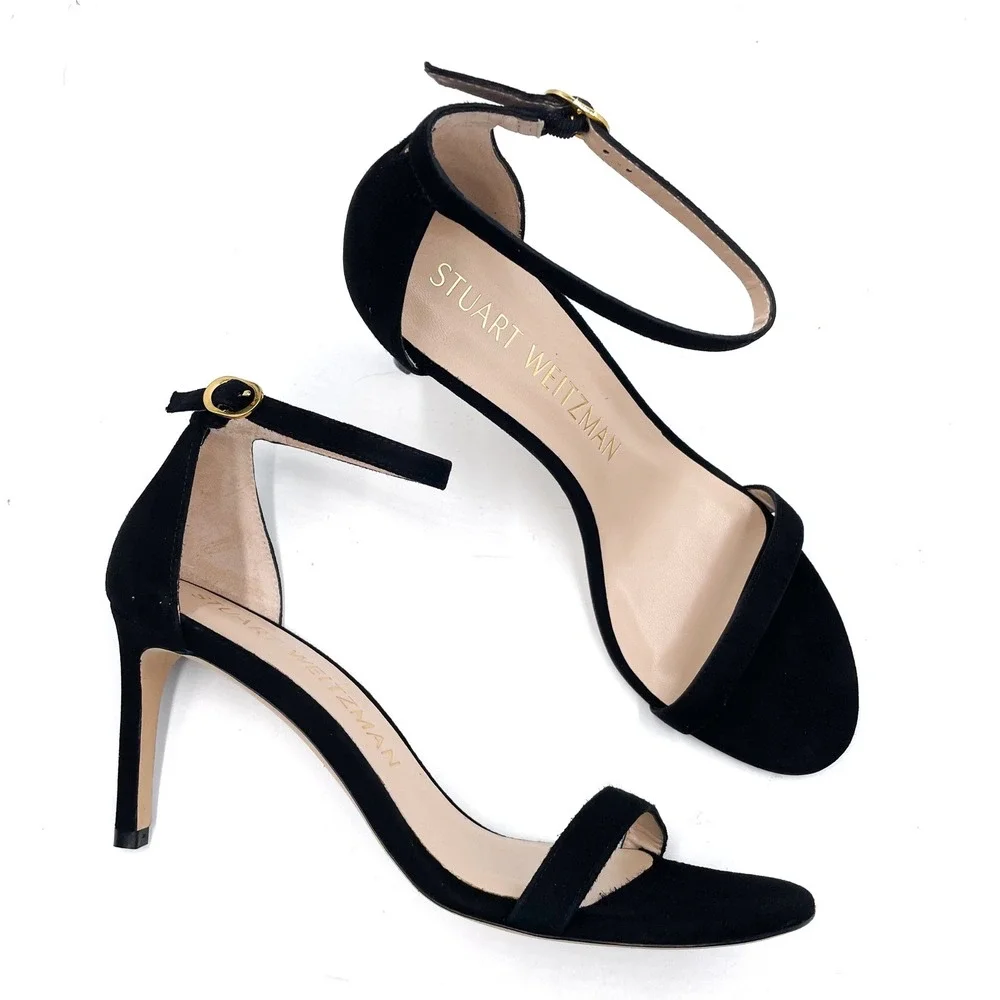 Stuart Weitzman NunakedStraight Black Suede Sandals‎ Ankle Strap High Heel Sz 9